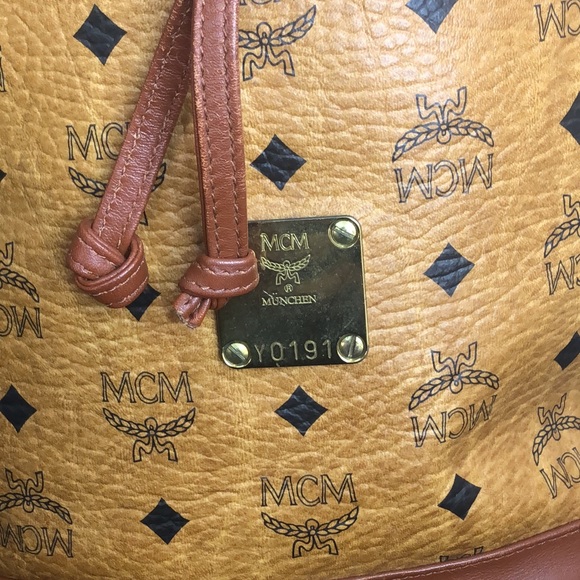 MCM Vicetos Cognac Leather Monogram Bucket Tote Crossbody Shoulder Bag Mint - Picture 6 of 16